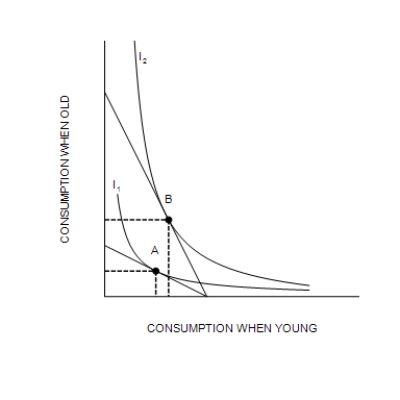 Figure 21-16 The following figure illustrates the preferences of a representative consumer, Nathaniel. -Refer to Figure 21-16. A change in Nathaniel's optimum from point A to point B results from