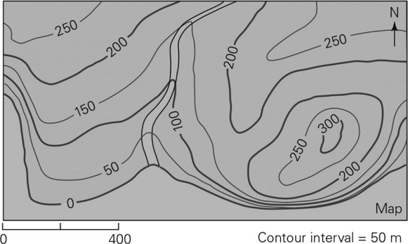 <strong>What is the maximum relief of the land surface in the topographic map below? </strong> A) 50 m B) 100 m C) 300 m D) 400 m