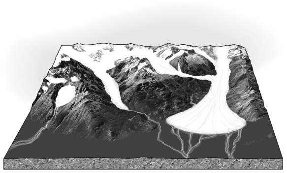 <strong>What type of glacier is seen in the foreground of the following picture?  </strong> A) a continental glacier B) a cirque glacier C) a piedmont glacier D) an alpine glacier <div style=padding-top: 35px> 