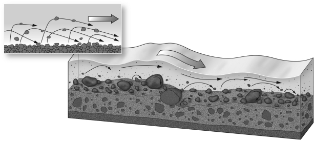 <strong>In the picture below,fragments of bed load bounce along the bed and knock other grains up into the flow to move downstream for short distances.This process is called  </strong> A) saltation. B) meandering. C) stream piracy. D) base level. <div style=padding-top: 35px> 