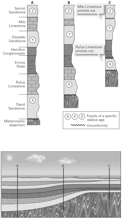 Correlate the layers in the following three stratigraphic columns by drawing lines from the top and bottom of matching formations.What is the oldest sedimentary rock unit in this region? The youngest unit?
