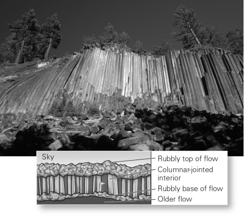 <strong>The vertical features preserved in the basalt flow in the image below formed because the lava ________.  </strong> A) was moving as it cooled,so it fractured B) erupted underwater and cooled rapidly,forming many fractures C) was subjected to shaking from earthquakes,and subsequently fractured D) shrank as it cooled,forming tall polygonal-shaped fractures <div style=padding-top: 35px> 