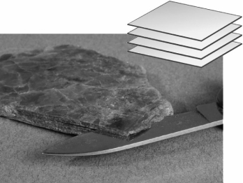 <strong>The image below shows a mineral specimen of mica.How many planes of cleavage does mica possess? </strong> A) one B) two C) three D) many