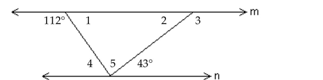 Write the word or phrase that best completes each statement or answers the question. If lines m and n are parallel, find the measures of angles 1 through 5. -