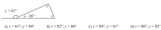 Find the measure of angles x and y. (The figure is not necessarily drawn to scale.)