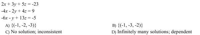 Solve the system. If a system has one unique solution, write the solution set. Otherwise, determine the number of solutions to the system, and determine whether the system is inconsistent, or the equations are dependent.
