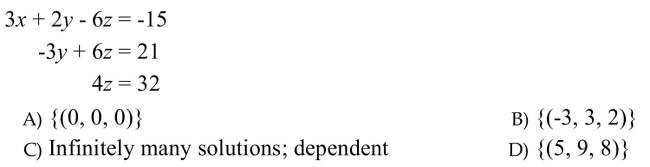 Solve the system. If a system has one unique solution, write the solution set. Otherwise, determine the number of solutions to the system, and determine whether the system is inconsistent, or the equations are dependent.