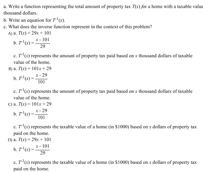 Solve the problem. The millage rate is the amount of property tax per $1000 of the taxable value of a home. For a certain county the millage rate is 29 mil. A city within the county also imposes a flat fee of $101 per Home. x