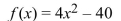 <strong>Find the x- and y-intercepts of the function. </strong> A) x-intercepts: ( 10, 0) and (- 10, 0); y-intercept: (0, -40) B) x-intercept: ( 10, 0); y-intercept: none C) x-intercepts: (0, 10) and (0, - 10); y-intercept: (-40, 0) D) x-intercept: (0, 10); y-intercept: (-40, 0)