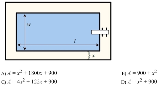 A rectangular swimming pool has a concrete walk around it of width x. The pool has a length l = 36 feet and a width w = 25 feet (see figure). Find an expression representing the combined area A of the pool And the walk. Simplify the result.