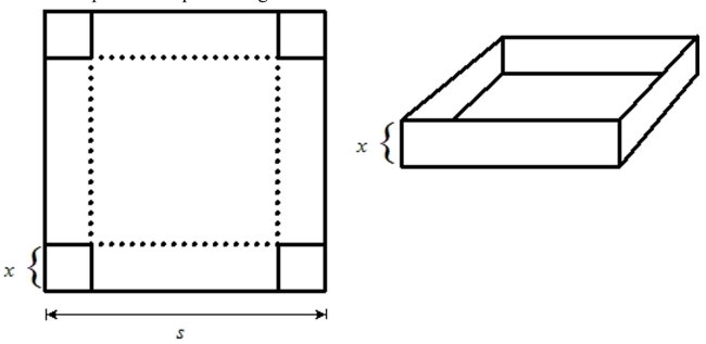 A box is created from a square piece of cardboard with sides measuring s = 16 cm by cutting a square from each corner and folding up the sides. Let x represent the length of the sides of the squares Removed from each corner. Find an expression representing the volume of the box.
