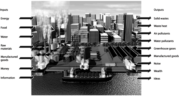 Use the figure above to answer the following question(s). -Of all the outputs listed,which ones may be beneficial for the environment and the urban dwellers?