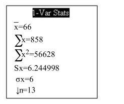 <strong> The following population parameters were obtained from a graphing calculator. Assuming the population is bell-shaped, between what two values will approximately 68% of the Population be?</strong> A)48 to 84 B)60 to 72 C)66 to 84 D)54 to 78