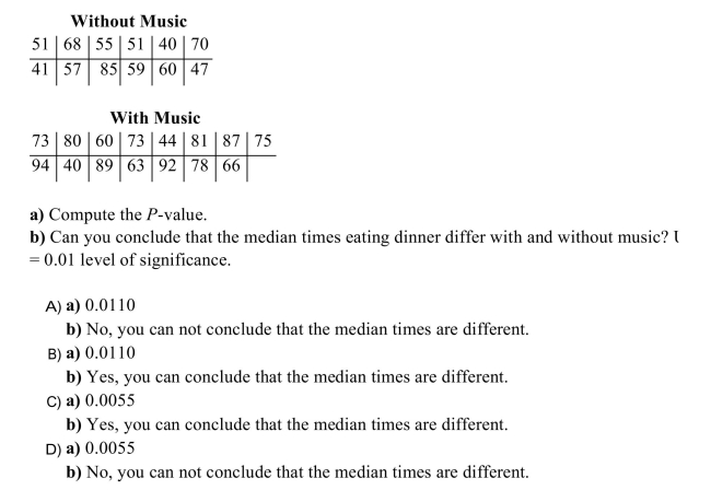 The length of time that customers spent eating dinner was compared with and without music  <div style=padding-top: 35px> 