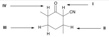 <strong>Which is the most acidic proton in the following compound? </strong> A)I B)II C)III D)IV
