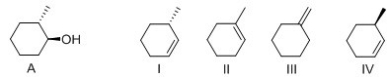 <strong>What is the major alkene formed when compound A is dehydrated with H<sub>2</sub>SO<sub>4</sub>? </strong> A)I B)II C)III D)IV