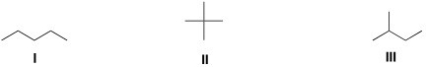 <strong>Rank the following alkanes in order of decreasing boiling point,putting the alkane with the highest boiling point first. </strong> A)I > II > III B)I > III > II C)II > III > I D)III > II > I