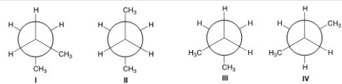 <strong>Which of the following are gauche conformers? </strong> A)I and II B)I and III C)II and IV D)II and III