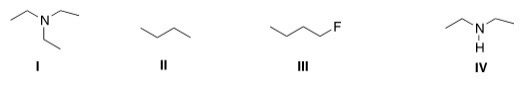 <strong>Which of the following compounds can form intermolecular hydrogen bonds with a molecule similar to itself?  </strong> A)I B)II C)III D)IV <div style=padding-top: 35px> 