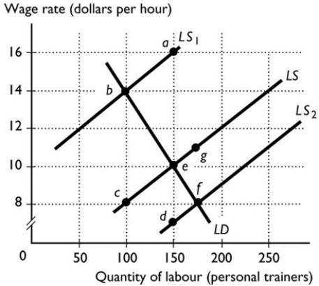 -The figure above shows the labour supply and labour demand curves for personal trainers in Victoria. The initial equilibrium hourly wage is $10. The government of Victoria institutes an additional income tax on the income of personal trainers of $6 an hour in order to fund school sports programs. With the tax in place, the labour supply curve will