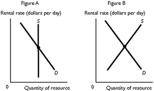 <strong> Refer to the figures above to answer this question. Figure B represents the market for ________ because ________, all else held the same.</strong> A) land; the Hotelling Principle states rental rates will increase predictably over time B) capital; as the rental rate increases, the quantity of capital supplied increases and the quantity of capital demanded decreases C) land; landowners respond to higher rental rates by making more land available D) capital; the Hotelling Principle predicts that prices will vary inversely with the interest rate E) a nonrenewable resource; as the interest rate increases, less of the resource is supplied