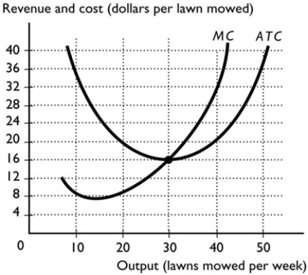 -Bill owns a lawn-care company in Bendigo, whose cost curves are illustrated in the above figure. The market equilibrium price in this perfectly competitive market equals $32 per lawn mowed. If Bill's average total cost curve is ATC, his total economic ________ equals ________.