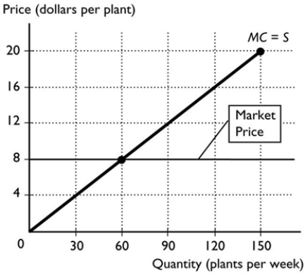 <strong>  Bill and Krista sell potted plants from a roadside stand. The figure above shows Bill and Krista's marginal cost curve and the market price. If Bill and Krista sell 60 plants per week, their producer surplus from the 60th plant will equal</strong> A) $0. B) $480. C) $20. D) $8. E) More information is needed to answer the question. <div style=padding-top: 35px> 