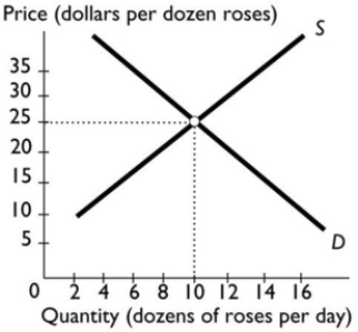 In the figure above, a price of $35 per dozen roses results in
