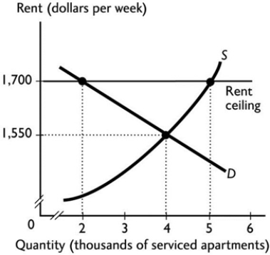 <strong> A rent ceiling creates a deadweight loss</strong> A) if it is set below the equilibrium rent. B) if it decreases the taxes the government collects in the housing market. C) if it is set equal to the equilibrium rent. D) if it set above the equilibrium rent. E) never, because if it did create a deadweight loss, the government would not impose it.