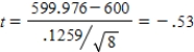 1)μ = true mean volume of soda dispensed (ml)2)H<sub>0</sub> : μ = 600 3)H<sub>a</sub> : μ ≠ 600 4)α = .05 5)   6)Random sample? Given in the problem. Normal population? Based on the sample, this seems reasonable.   7)   df = 7 8)P-value = P(t < −.53) = .6102 9)Since the P-value > α, we fail to reject H<sub>0</sub>. We cannot conclude that the true mean volume of soda dispensed is different than 600 ml. That is, the sample does not give sufficient evidence that the machine needs adjustment.