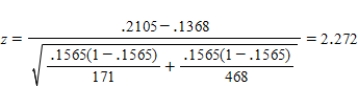 a) This question can be answered with a significance test on the difference between the two proportions.  1: Let π<sub>1</sub> = proportion of family history population who have a speech delay, π<sub>2</sub> = proportion of no family history population who have a speech delay.  2: H<sub>0</sub> : π<sub>1</sub> = π<sub>2</sub>  3: H<sub>a</sub> : π<sub>1</sub> > π<sub>2</sub>  4: Significance level α = 0.05  5: Test statistic:    6: This is a random sample. The distribution of the test statistic will be close to normal if n<sub>1</sub>p<sub>1</sub> > 10, n<sub>1</sub>(1 − p<sub>1</sub>) > 10, n<sub>2</sub>p<sub>2</sub> > 10, and n<sub>2</sub>(1 − p<sub>2</sub>) > 10. This is present here, with values 36, 135, 64, 404.  7:    8: P-value, P(z > 2.272) = 0.0115 9: Since this P-value is less than α = 0.05, reject the null hypothesis. There is evidence that children who have a family history of speech delay have a higher rate of speech delays than do those without this family history.  b) This is an observational study. The explanatory variable family history of speech disorder is not randomly assigned to the study participants!