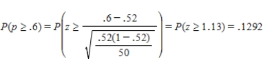 a) np = 50(.52) = 26 ≥ 10 and n(1 − p) = 50(1 − .52) = 24 ≥ 10  b)   Note: Students may use the binomial distribution to get an exact answer. P(x ≥ 30) = 1 − P(x ≤ 29) = 1 − binomcdf(50, .52, 29) = 1 − .8391 = .1609