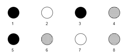 <strong>Use the following to answer questions A researcher is interested in studying Drosophila genes that are turned on in response to UV light exposure. She uses a microarray to carry out her experiment and is particularly interested in eight genes shown in the microarray below. \bullet Vertical stripes mean hybridization to UV light-exposed cell cDNA only. \bullet Horizontal stripes mean hybridization to nonexposed cell cDNA only (control). \bullet Completely filled in means hybridization to both cDNA types. \bullet Blank means hybridization to neither cell's cDNA. -Which genes appear to be upregulated in the UV light-exposed group?</strong> A) 1, 3, and 5 B) 2 and 7 C) 4, 6, and 8 D) 6 only E) 4 and 8 only