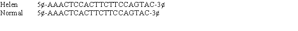 <strong>Helen has type I osteogenesis imperfecta (OI), a genetic skeletal disorder. Shown below is her DNA sequence for a portion of the coding region of the collagen type I gene, which contains the mutation responsible for her disorder. The corresponding wild-type sequence is shown also (only one DNA strand is shown in each case). What type of mutation does Helen carry?</strong> A) missense B) nonsense C) silent D) deletion E) frameshift
