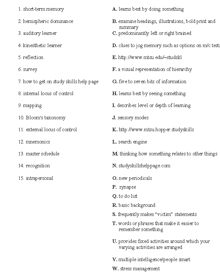 Matching: Carefully read both lists below. Choose the item in the right column which best describes each item in the left column