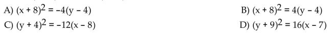 Find an equation for the parabola described. Vertex at (7, -9); focus at (3, -9)