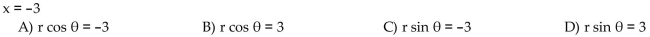 The letters x and y represent rectangular coordinates. Write the equation using polar coordinates (r, θ).