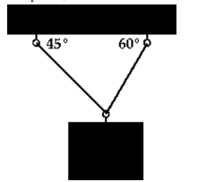 Solve the problem. -A box of supplies that weighs 1500 kilograms is suspended by two cables as shown in the figure. To two decimal places, what is the tension in the two cables?