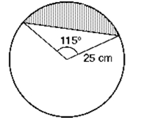 Find the area of the triangle. If necessary, round the answer to two decimal places. Find the area of the shaded portion ( see illustration) of a circle of radius 25 cm, formed by a central angle of 115°. Round your answer to the nearest square cm.   [Hint: Subtract the area of the triangle from the area of the sector of the circle to obtain the area of the shaded portion.]<div style=padding-top: 35px> 