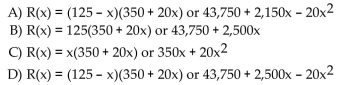 Solve the problem. An airline charter service charges a fare per person of $350 plus $20 for each unsold seat. The airplane holds 125 passengers. Let x represent the number of unsold seats and write an expression for the total revenue R for a Charter flight.