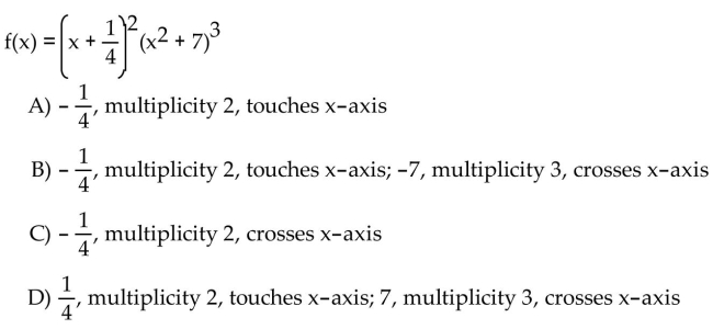 For the polynomial, list each real zero and its multiplicity. Determine whether the graph crosses or touches the x-axis at each x -intercept.