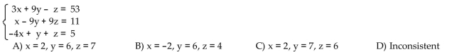Solve each system of equations using matrices (row operations). If the system has no solution, say that it is inconsistent.