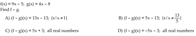 For the given functions f and g, find the requested function and state its domain.