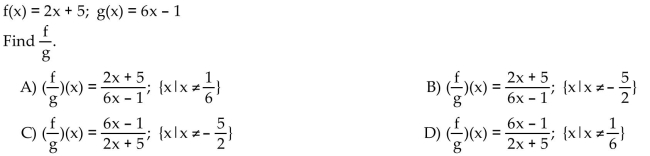 For the given functions f and g, find the requested function and state its domain.