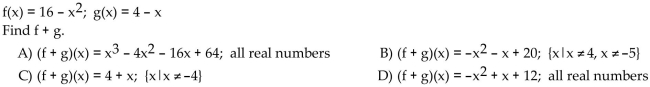 For the given functions f and g, find the requested function and state its domain.