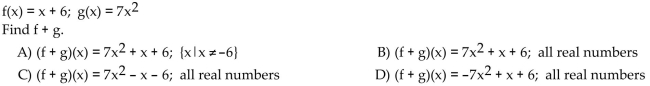 For the given functions f and g, find the requested function and state its domain.