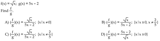 For the given functions f and g, find the requested function and state its domain.