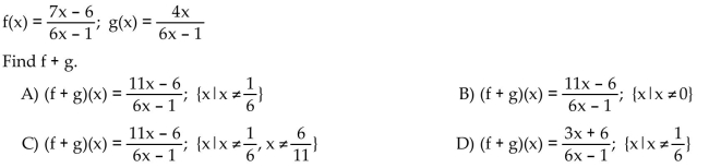 For the given functions f and g, find the requested function and state its domain.