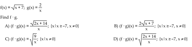 For the given functions f and g, find the requested function and state its domain.