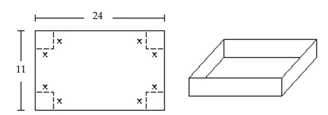 Solve the problem. -A box with an open top is to be constructed from a rectangular piece of cardboard with dimensions 11 inches by 24 inches by cutting out equal squares of side x at each corner and then folding up the sides as in the figure. Express the volume V of the box as a function of x. A) V ( x ) = x ( 11 - 2 x ) ( 24 - 2 x ) B) V ( x ) = ( 11 - x ) ( 24 - x ) C) V ( x ) = ( 11 - 2 x ) ( 24 - 2 x ) D) V ( x ) = x ( 11 - x ) ( 24 - x )